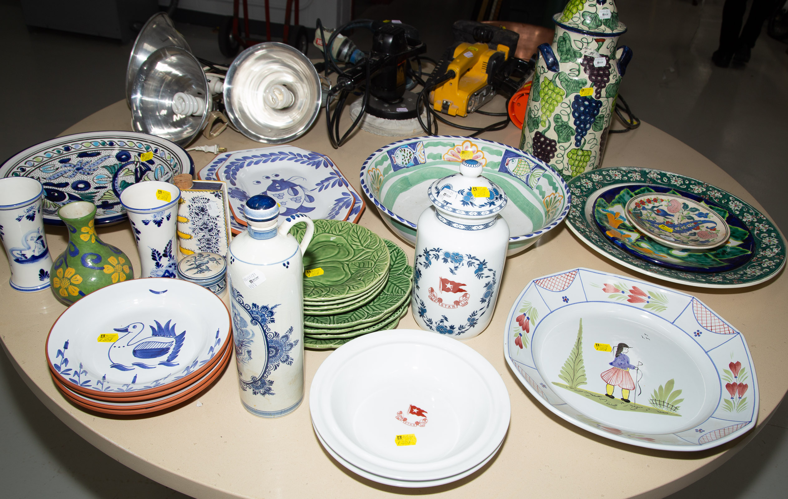 Appraisal: ASSORTMENT OF DECORATIVE POTTERY CHINA Including Portuguese Delft reproduction Titanic