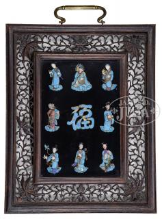 Appraisal: FRAMED IMMORTAL GROUP EMBELLISHED WITH KINGFISHER China late Qing Dynasty