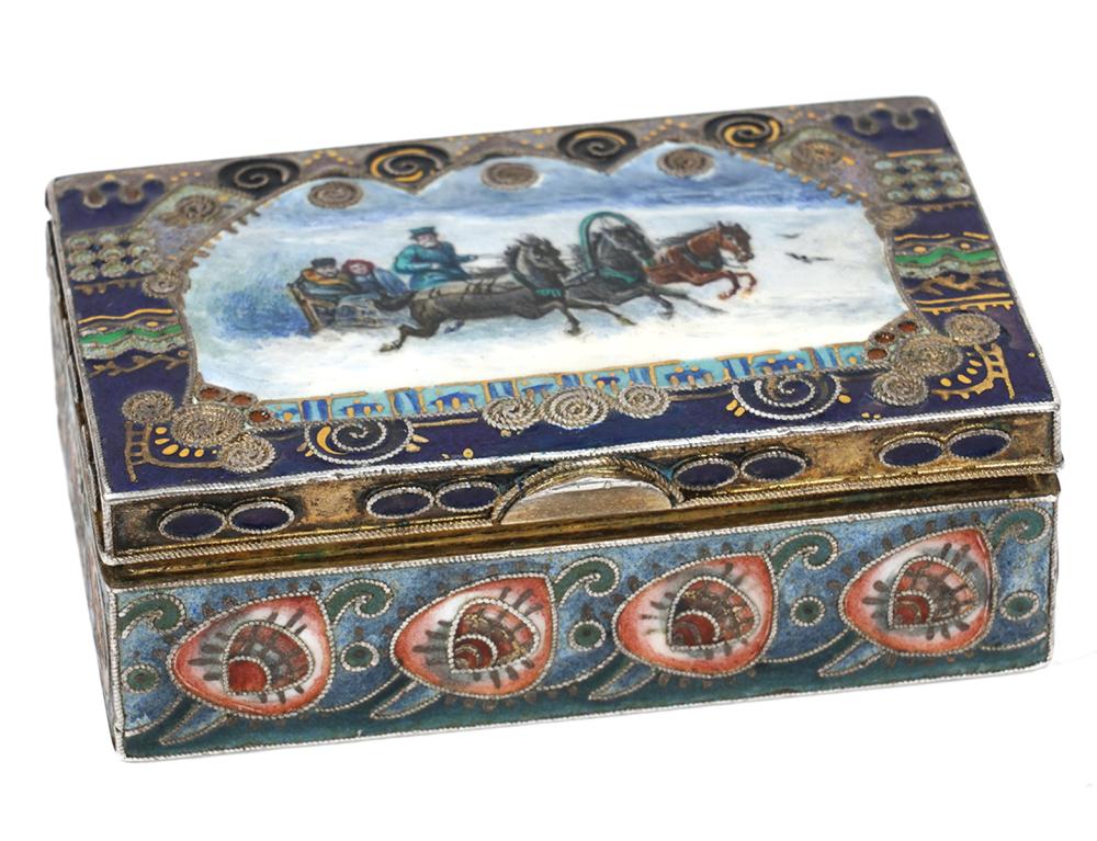 Appraisal: FABERGE SILVER ENAMELED SNUFF BOXMarked 'Faberge' snuff box with a