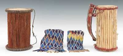 Appraisal: African Ceremonial Drums and Beaded Panels Two ceremonial drums made