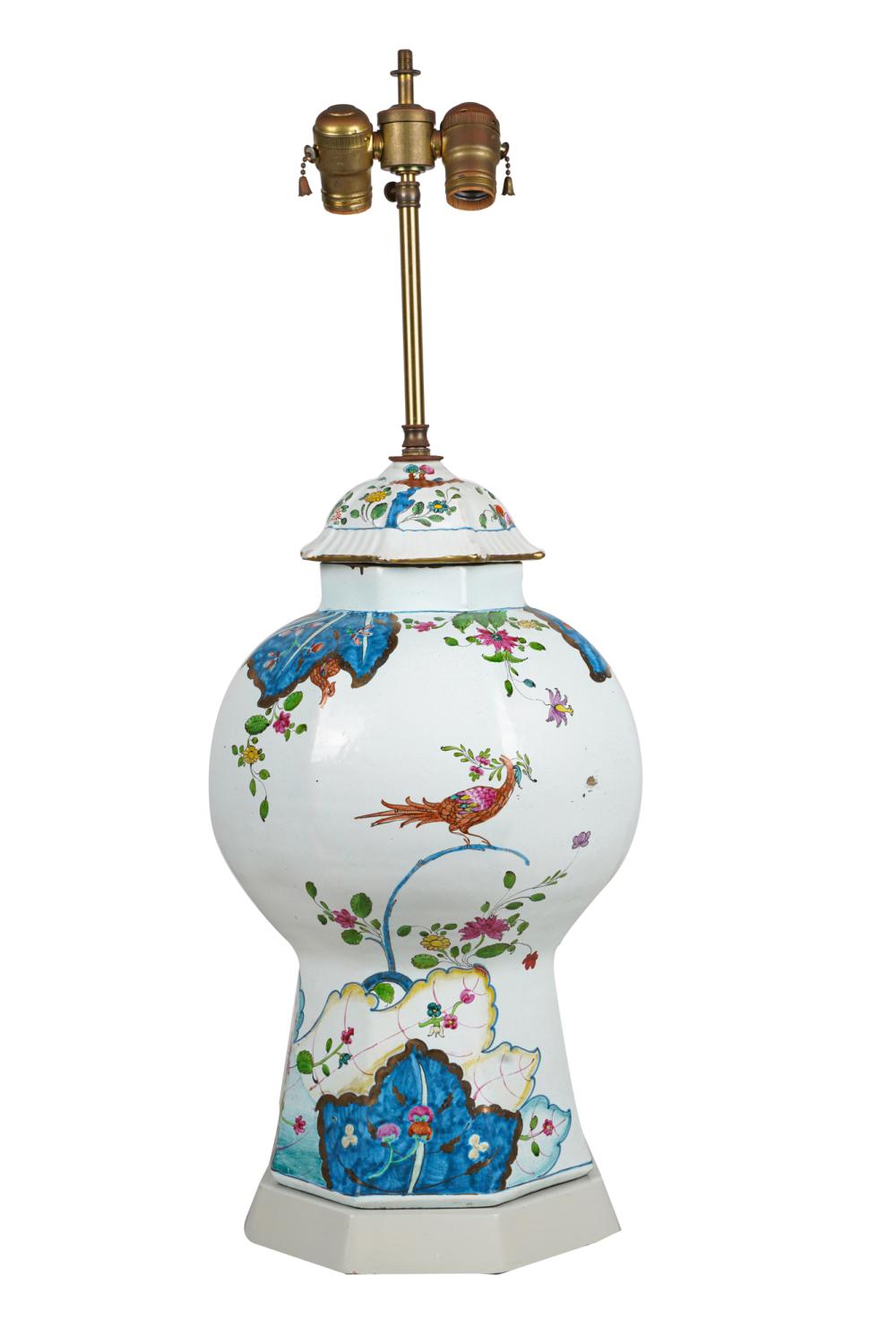 Appraisal: PAINTED PORCELAIN COVERED URNmounted as a table lamp total inches