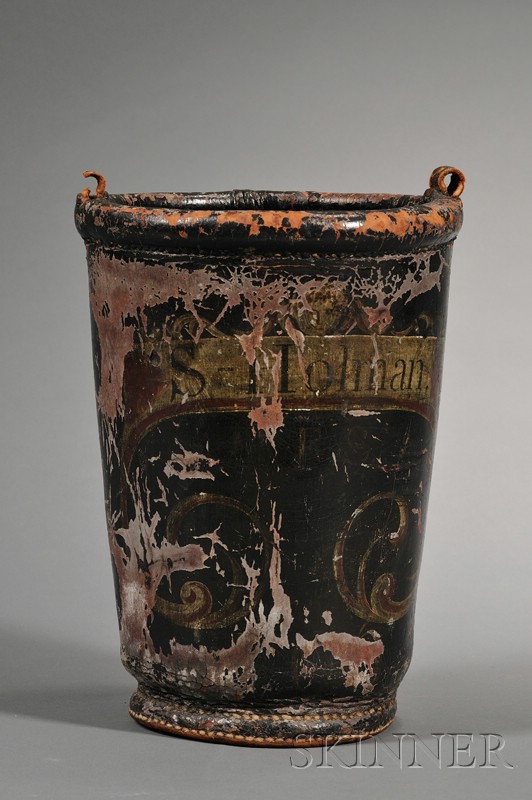 Appraisal: Paint Decorated Leather Fire Bucket America early th century black-painted