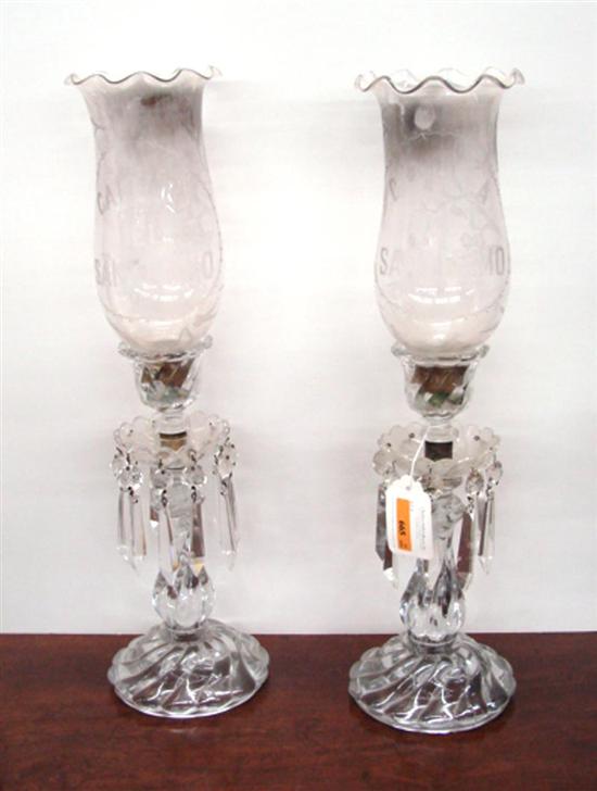 Appraisal: Pair Italian etched glass hurricane shades th century shade with