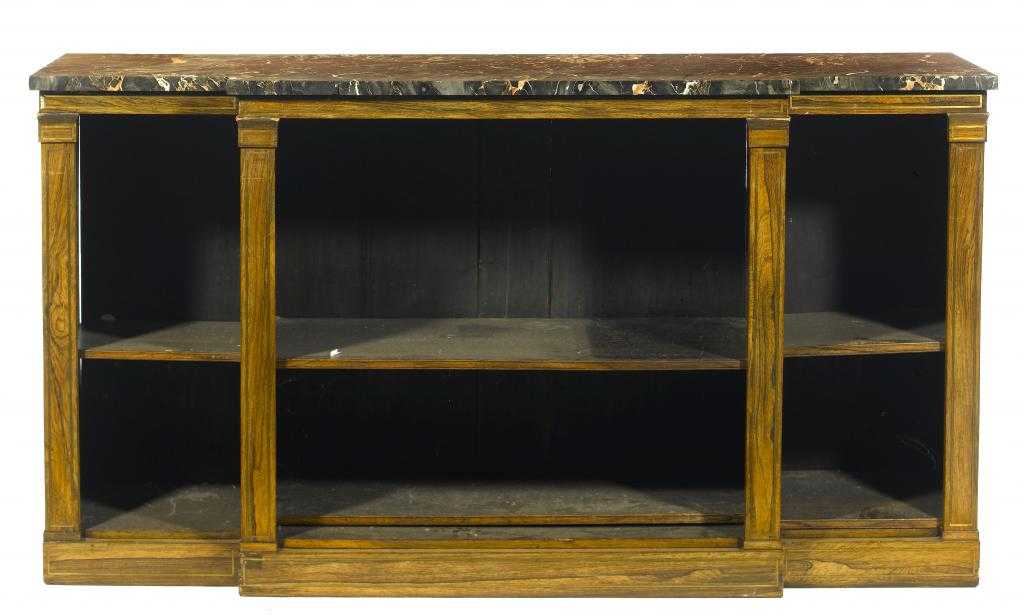 Appraisal: A GEORGE IV BRASS-INLAID AND GRAINED ROSEWOOD BREAKFRONT OPEN BOOKCASE