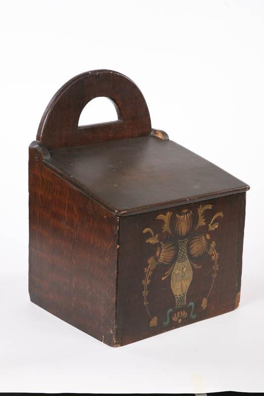 Appraisal: HANGING SALT BOX Large grain decorated box with painted urn