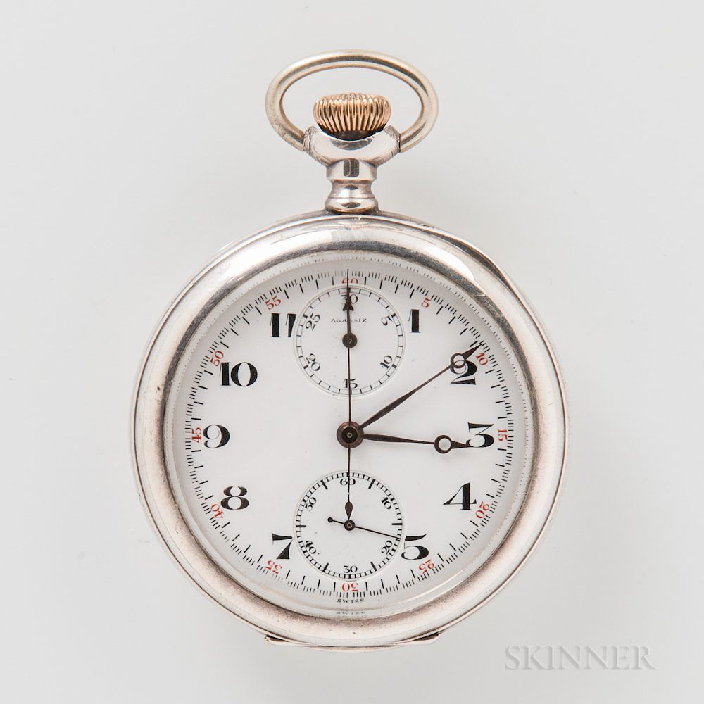 Appraisal: Agassiz Sterling Silver Open-face Pocket Chronograph Agassiz Sterling Silver Open-face