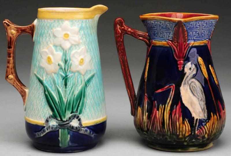 Appraisal: Pair of th Century Majolica Pitchers Largest retains original embossed