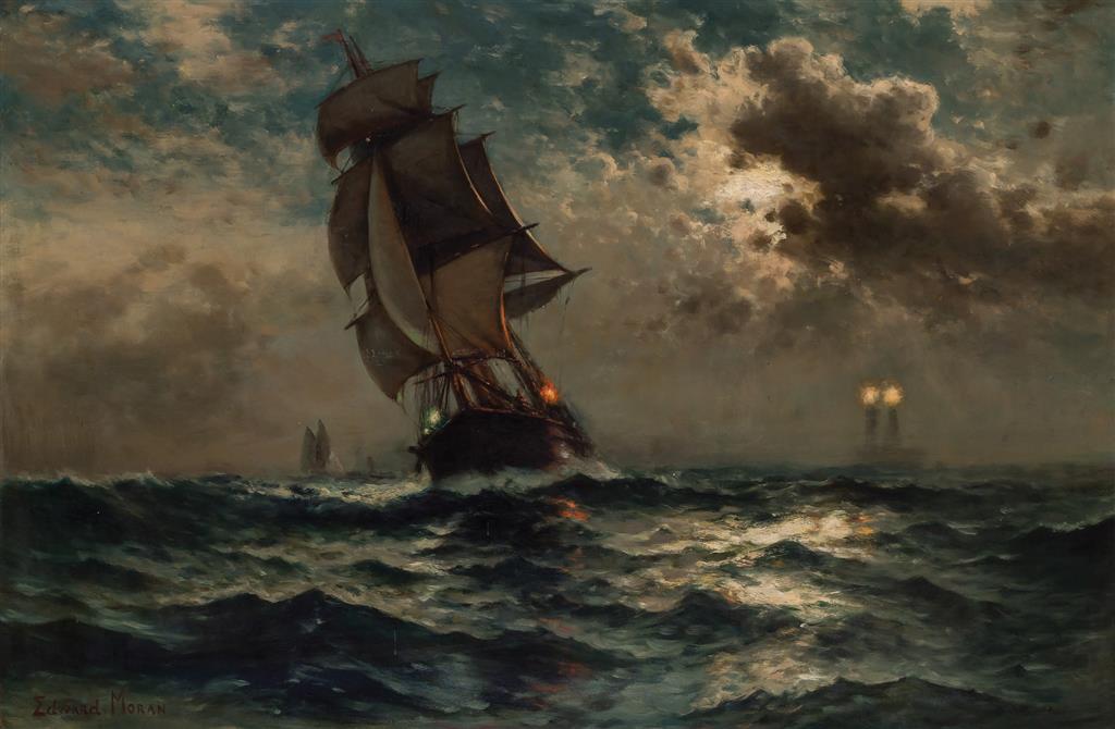 Appraisal: EDWARD MORAN American - Sailing in the Moonlight oil on