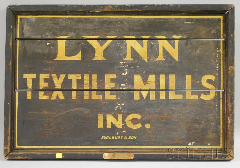 Appraisal: Lynn Textile Mills Inc Painted Wood Sign Hulbert Son with