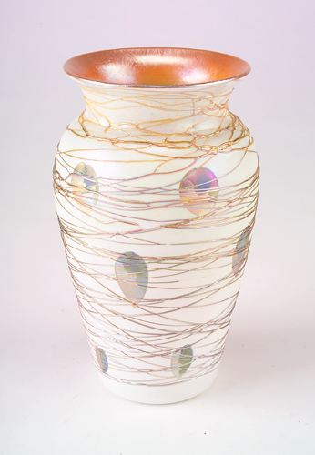 Appraisal: DURAND Art glass vase with heart-shaped gold and blue leaves