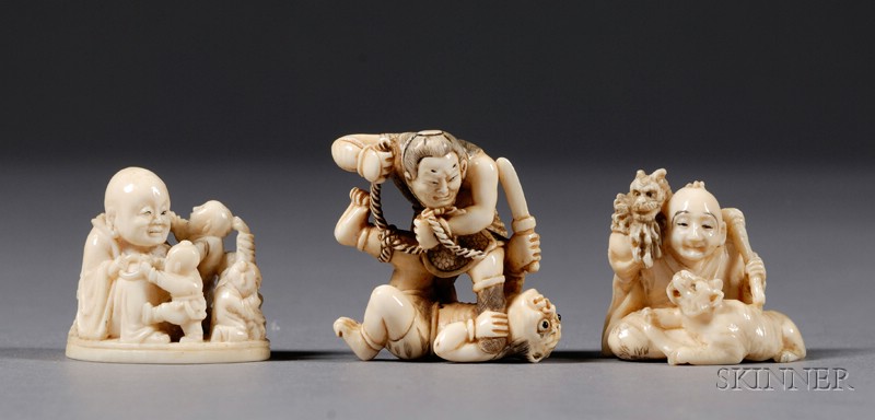 Appraisal: Three Ivory Netsuke a figure of Hoitei with children a