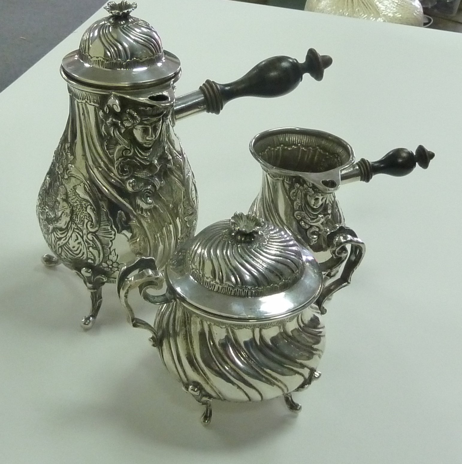 Appraisal: A Hanau three-piece white metal tea service pseudo-hallmarks circa comprising