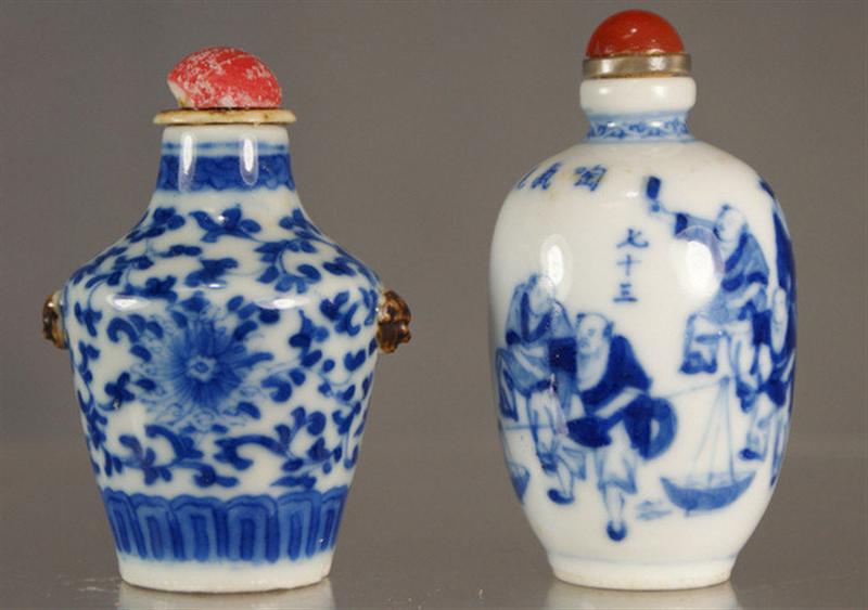 Appraisal: porcelain snuff bottles with blue underglaze figural decoration carnelian stopper