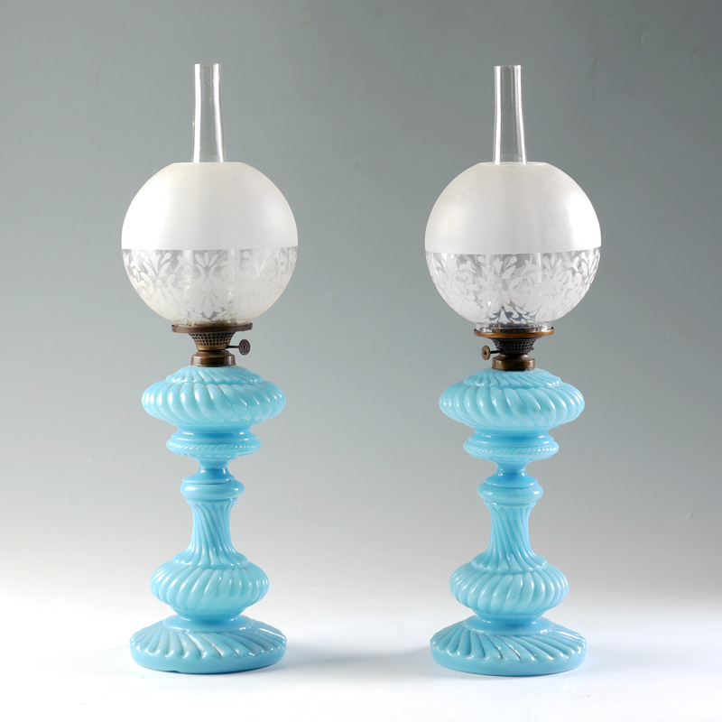 Appraisal: PAIR OF BLUE OPALINE GLASS OIL LAMPS Light blue opaline