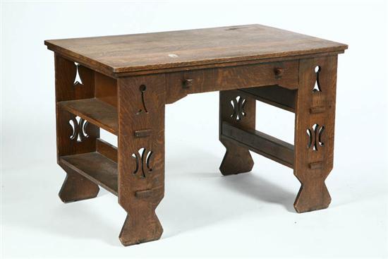 Appraisal: ARTS AND CRAFTS LIBRARY DESK Oak with two side shelves