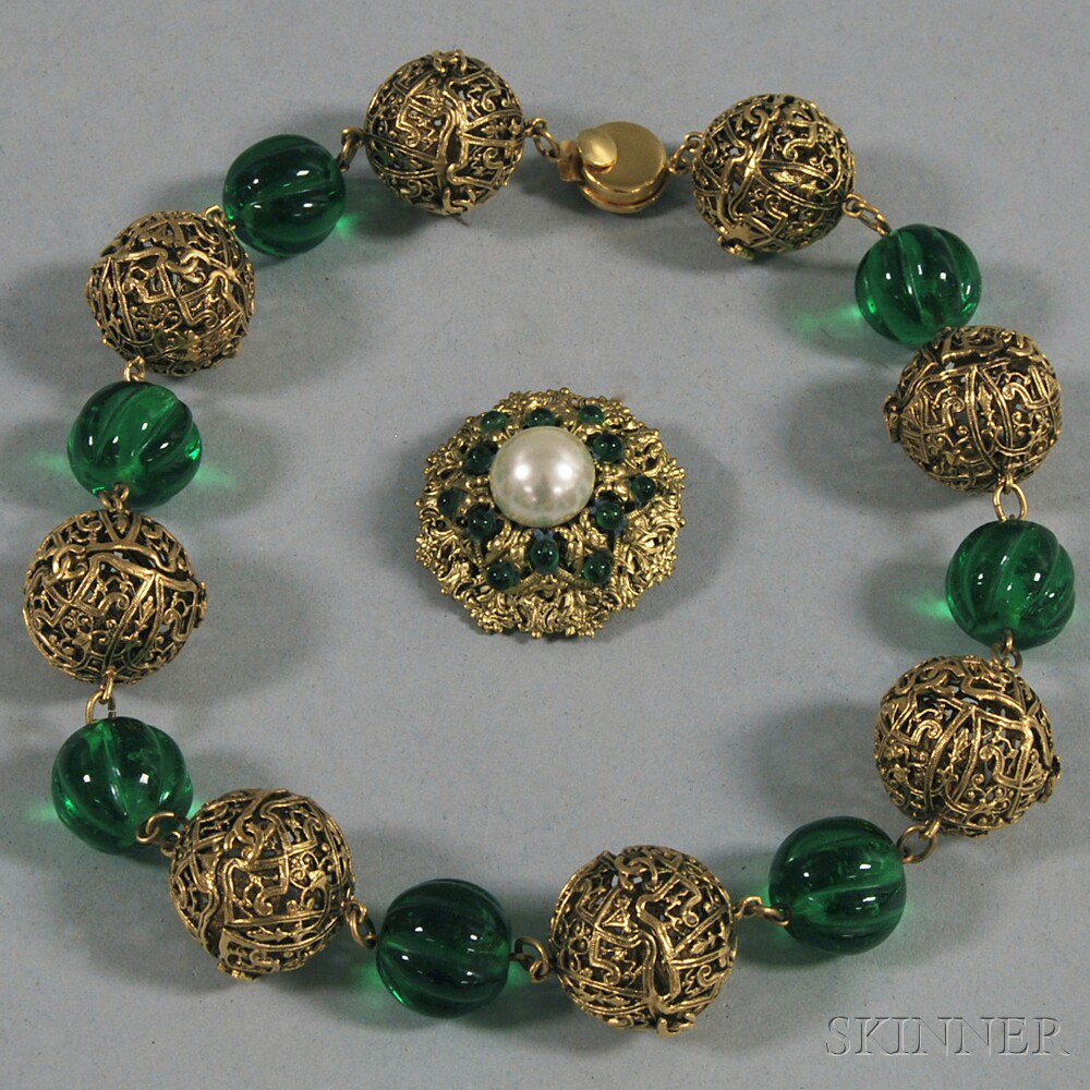 Appraisal: Chanel Green Glass-beaded and Gold-tone Metalwork Necklace and Brooch the