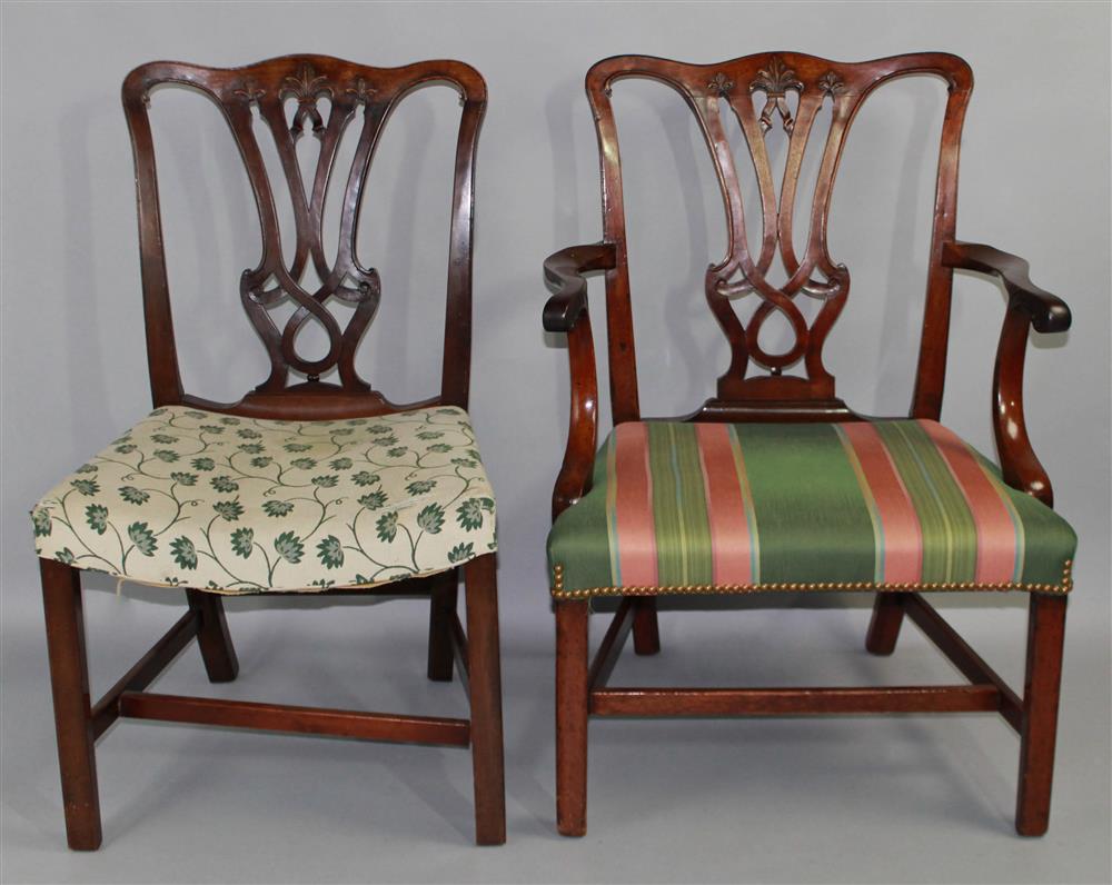 Appraisal: PAIR OF CHIPPENDALE-STYLE CARVED MAHOGANY CHAIRS ONE ARM ONE SIDE