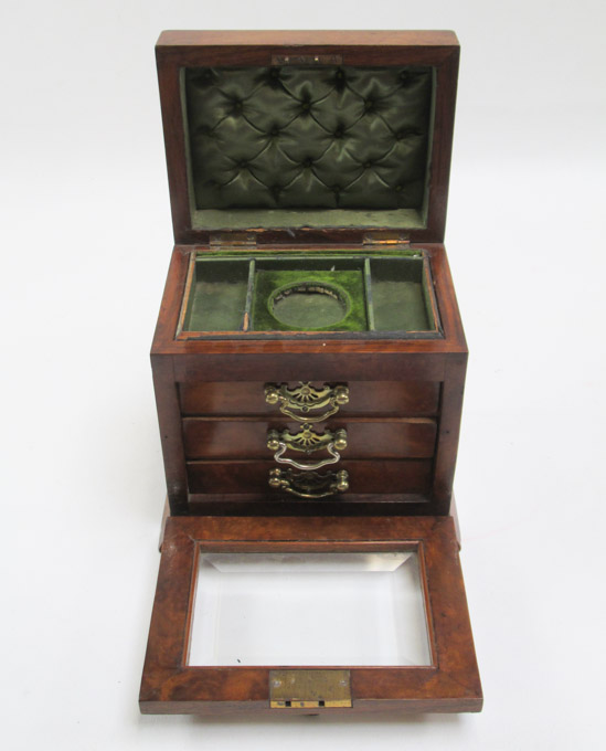 Appraisal: BURL WALNUT JEWELRY BOX having hinged top and front panel