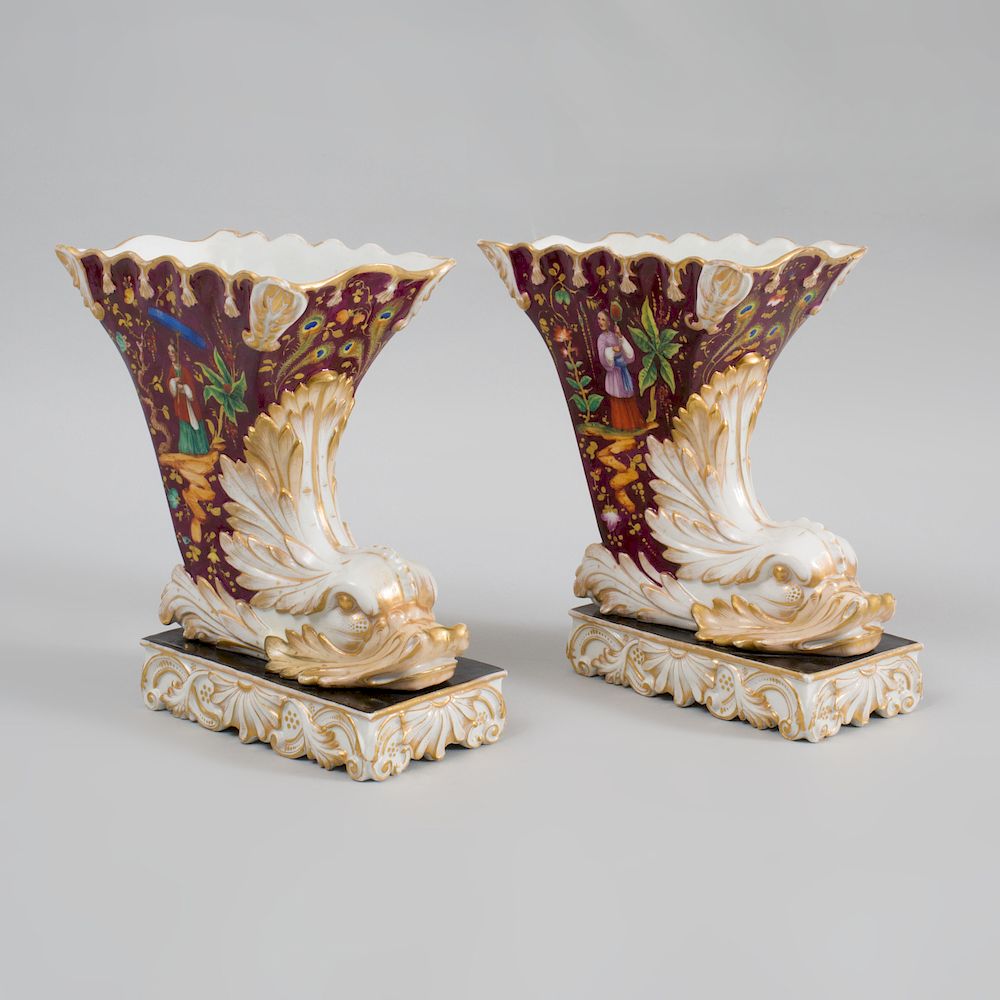 Appraisal: Pair of Paris Porcelain Chinoiserie Decorated Cornucopia Form Vases in