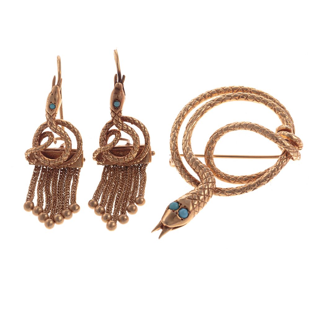 Appraisal: A Coiled Snake Brooch Matching Tassel Earrings K yellow gold