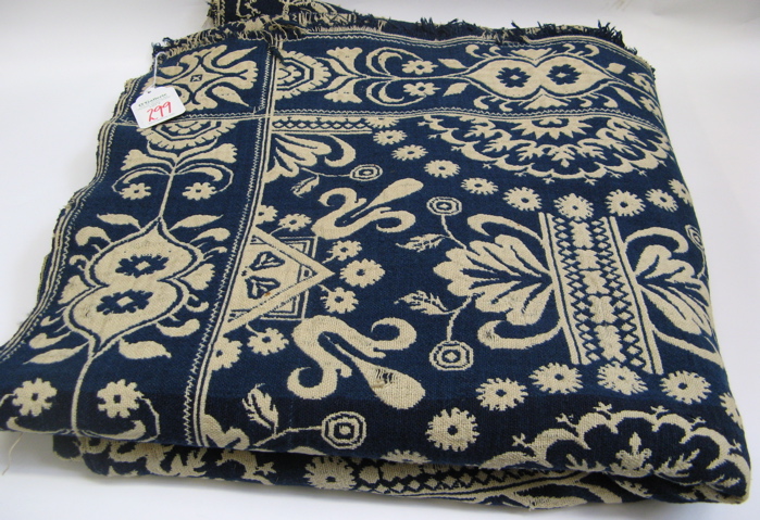 Appraisal: AN AMERICAN TH CENTURY WOOL JACQUARD COVERLET hand loomed blue