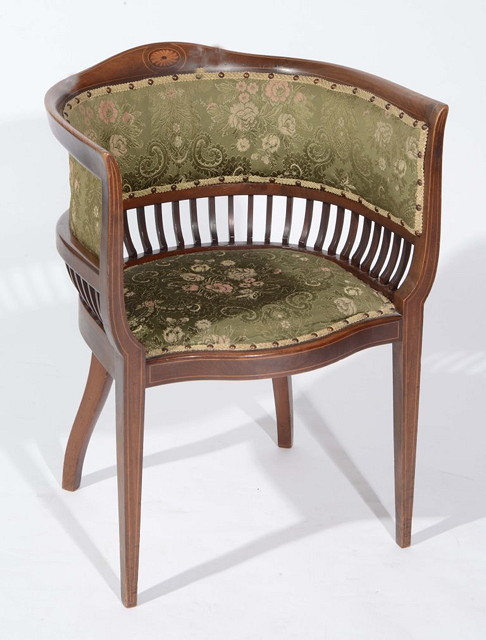 Appraisal: AN EDWARDIAN MAHOGANY AND INLAID TUB ARMCHAIR