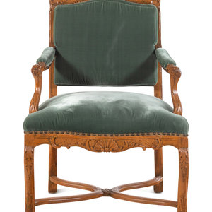 Appraisal: A R gence Style Velvet-Upholstered Beechwood Fauteuil th Century Height