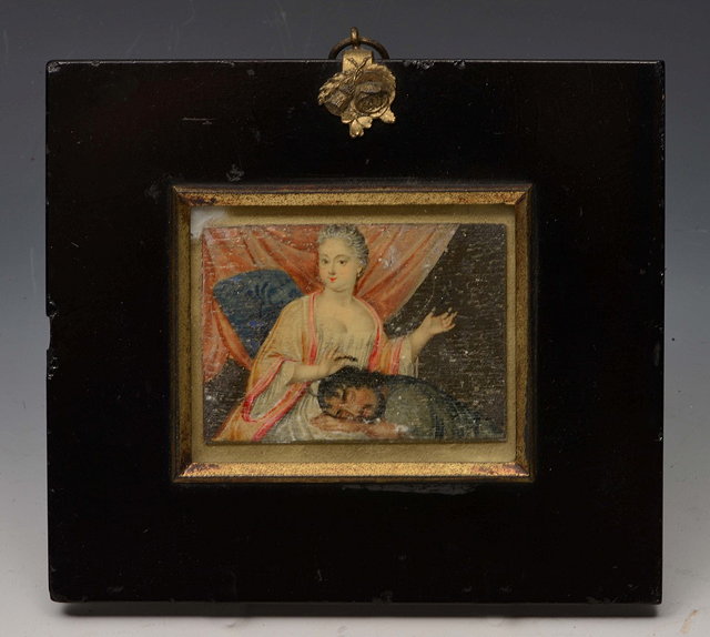 Appraisal: A MINIATURE PAINTING ON WOOD depicting a woman removing a