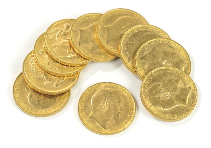 Appraisal: GOLD COIN COLLECTION ten Edward VII British gold Sovereigns all