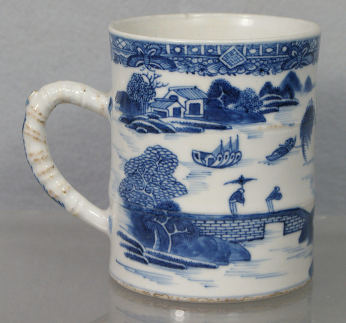 Appraisal: Chinese Export blue and white porcelain mug bamboo handle butterfly