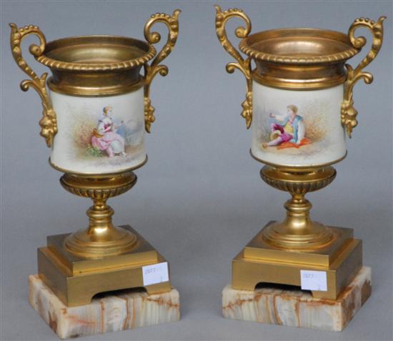 Appraisal: PAIR BRONZE MOUNTED PORCELAIN VASES Hand painted with onyx bases