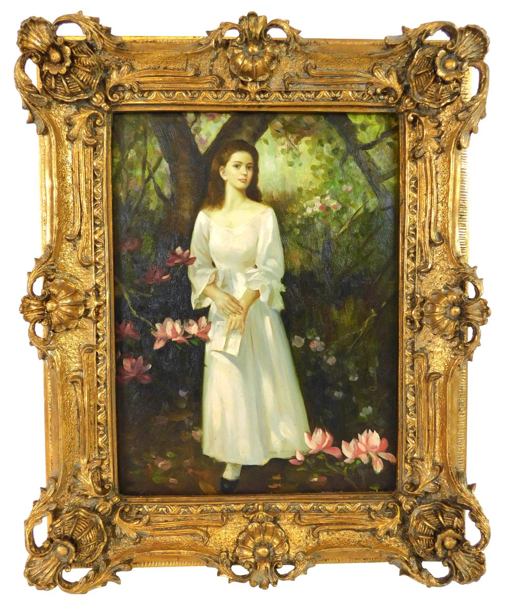 Appraisal: Monogrammed JW oil on panel woman in white dress holding