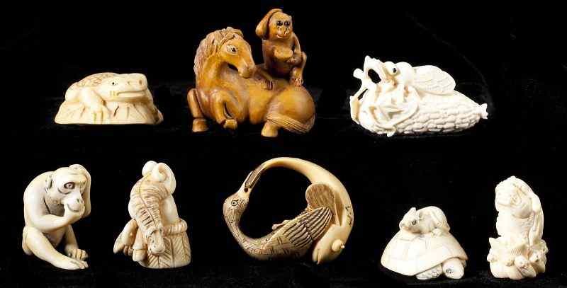 Appraisal: Group of Eight Japanese Animal Netsukes of ivory one of