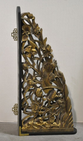 Appraisal: Decorative Hollow Carved Wooden CorbelGilded Oriental cranes and flowers mounted