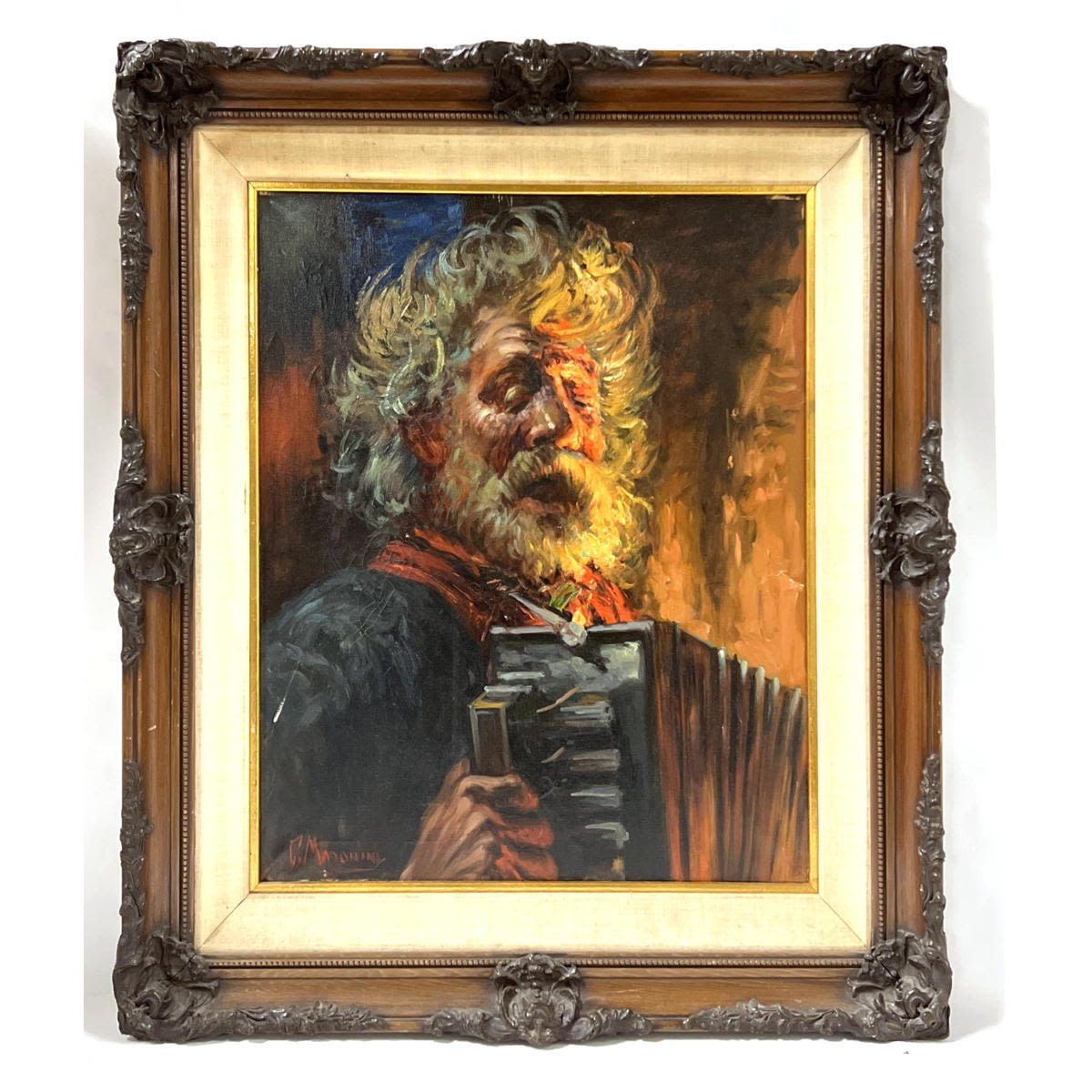 Appraisal: C MADONINY Portrait Bearded Man Playing Accordion Signed Dimensions H