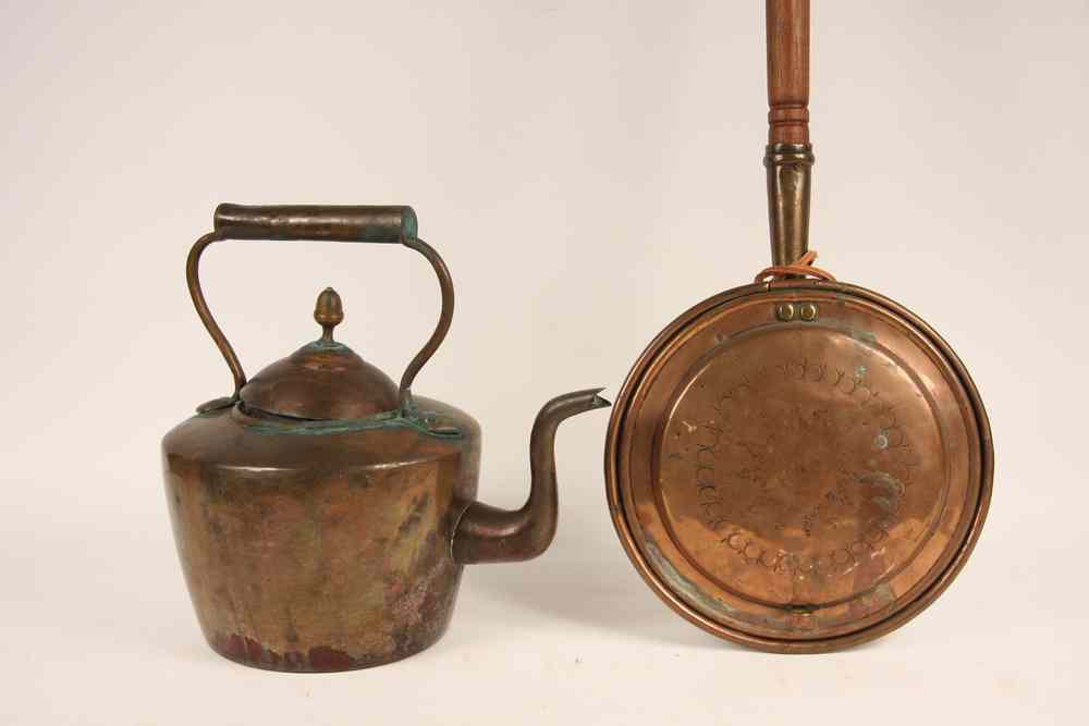 Appraisal: EARLY COPPER KETTLE AND BEDWARMER - Mid th c Turkish