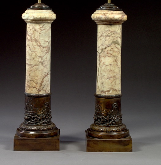 Appraisal: Large Pair of Bronze-Patinated Brass-Mounted Brignoles Marble Colonnettes in the