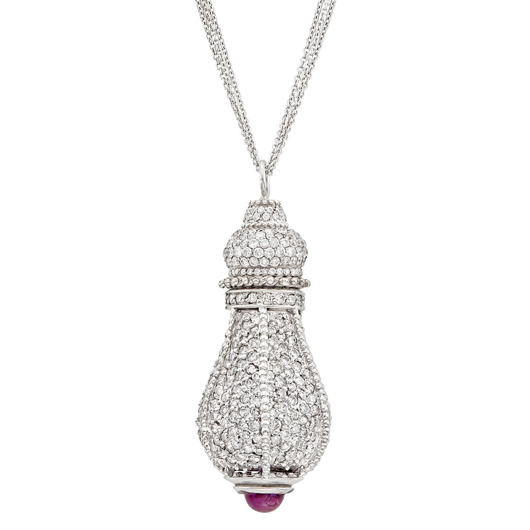 Appraisal: White Gold Diamond and Cabochon Amethyst Pendant with Triple Strand