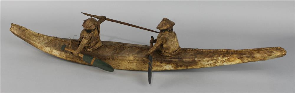 Appraisal: INUIT HIDE AND WOOD MODEL KAYAK double cockpit hide dressed