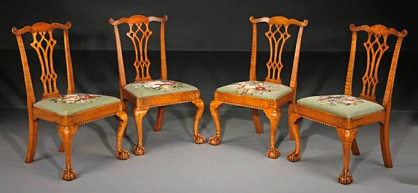 Appraisal: A set of four Chippendale style tiger maple side chairs