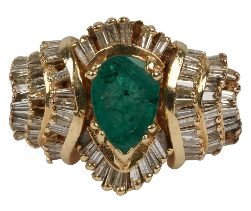 Appraisal: KARAT YELLOW GOLD DIAMOND EMERALD RINGcentering one pear mixed cut