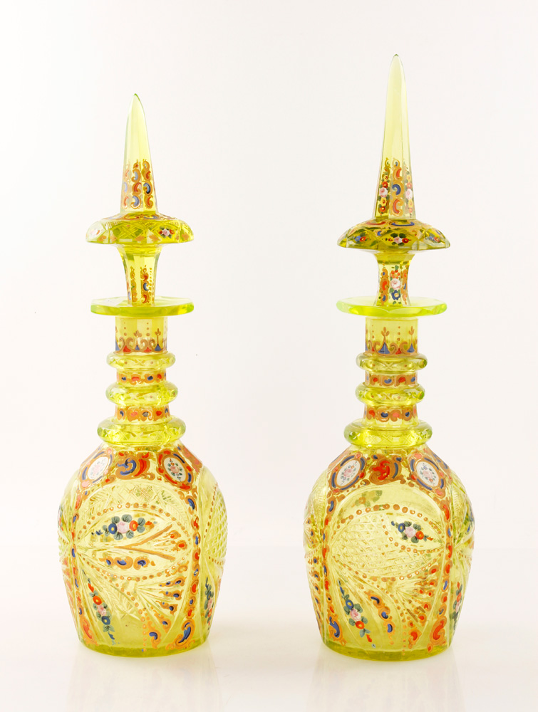 Appraisal: - Near Pair th C Vaseline Glass Bohemian Decanters Near