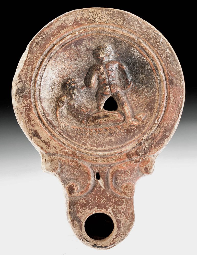 Appraisal: Roman Terracotta Oil Lamp w Nude Wrestlers Roman early Imperial