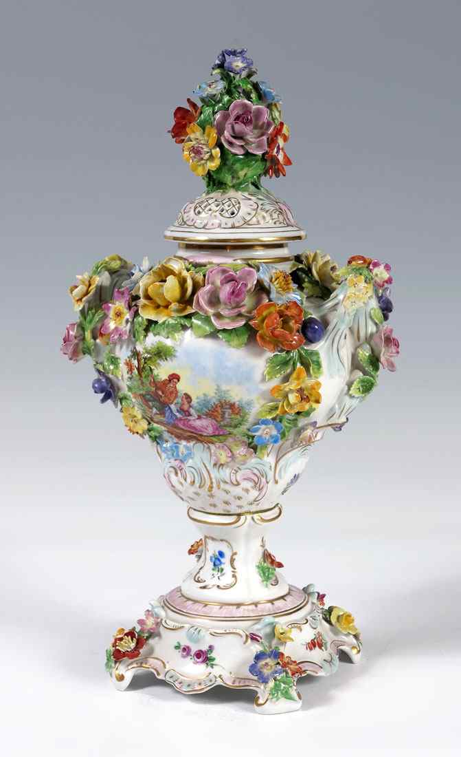 Appraisal: DRESDEN PORCELAIN COVERED URN VASE Carl Thieme Dresden Germany Hand