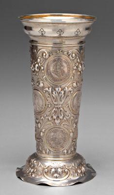 Appraisal: German silver coin vase flared rims acanthus scroll and floral