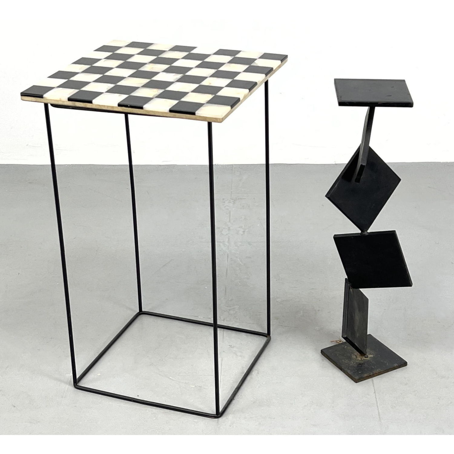 Appraisal: Black and White Checkered Marble Top Wire Table and Geometric