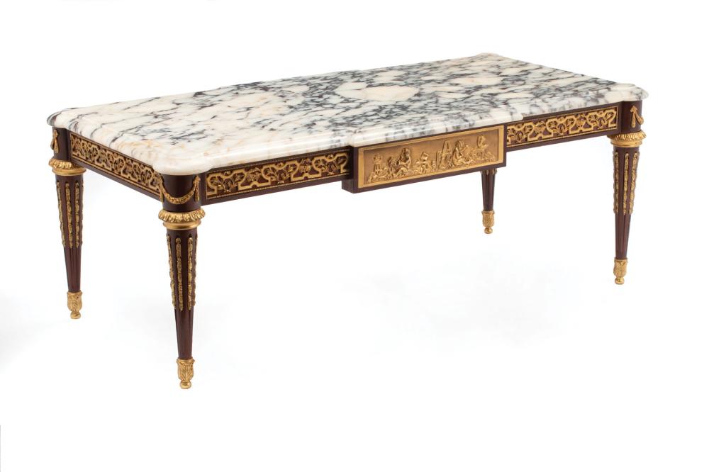 Appraisal: Louis XVI-Style Bronze-Mounted Low Table variegated marble top with outset