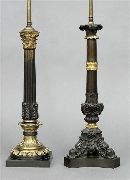 Appraisal: Two Empire-Style Gilt and Patinated-Metal Candlesticks Mounted as Lamps in