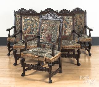 Appraisal: Set of six gothic style carved mahogany armchairs early th