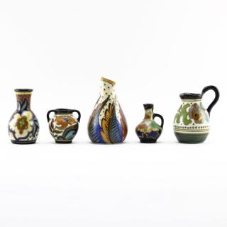 Appraisal: Grouping of Five Gouda Semi-Matte Faience Pottery Includes bud vase